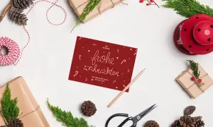 Spruch Frohe Weihnachten auf roter Weihnachtskarte