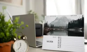 Wochenkalender auf Tisch neben Laptop und Wecker